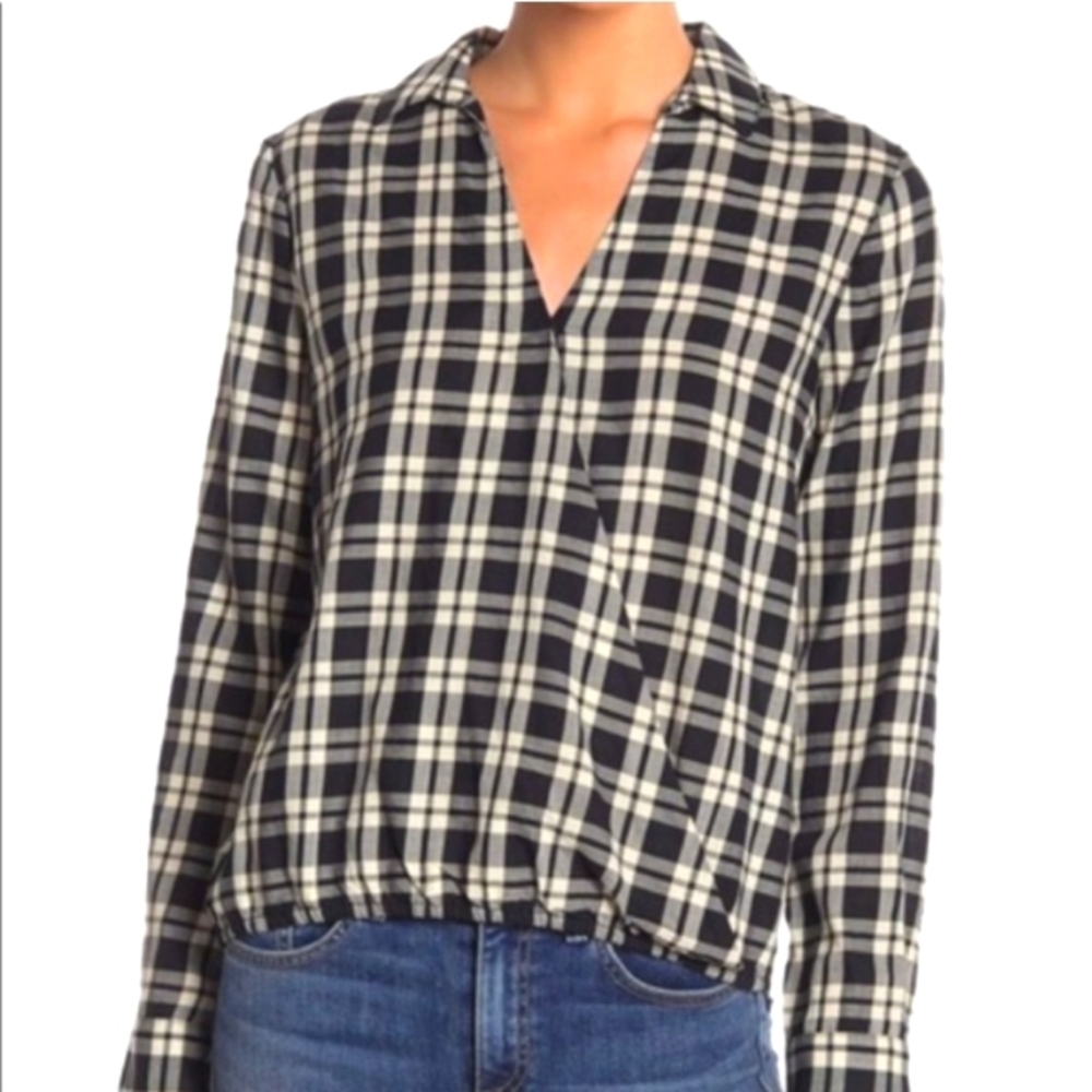 Madewell Crossover Front Plaid Top Size Small black White Cotton
